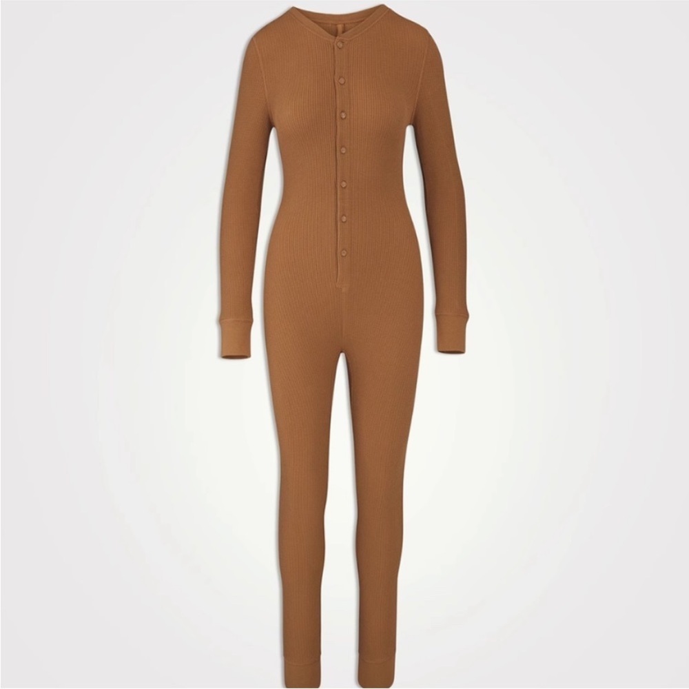 Skims Waffle Knit Onesie Camel Sz Medium Loungewear - Picture 4 of 14